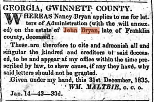 1836 John Bryan estate
